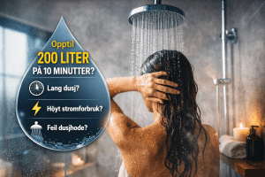 Hvor mye vann bruker egentlig en dusj? En vanlig dusj kan bruke opptil 200 liter vann på 10 minutter – se hvordan du kan redusere forbruket hjemme.