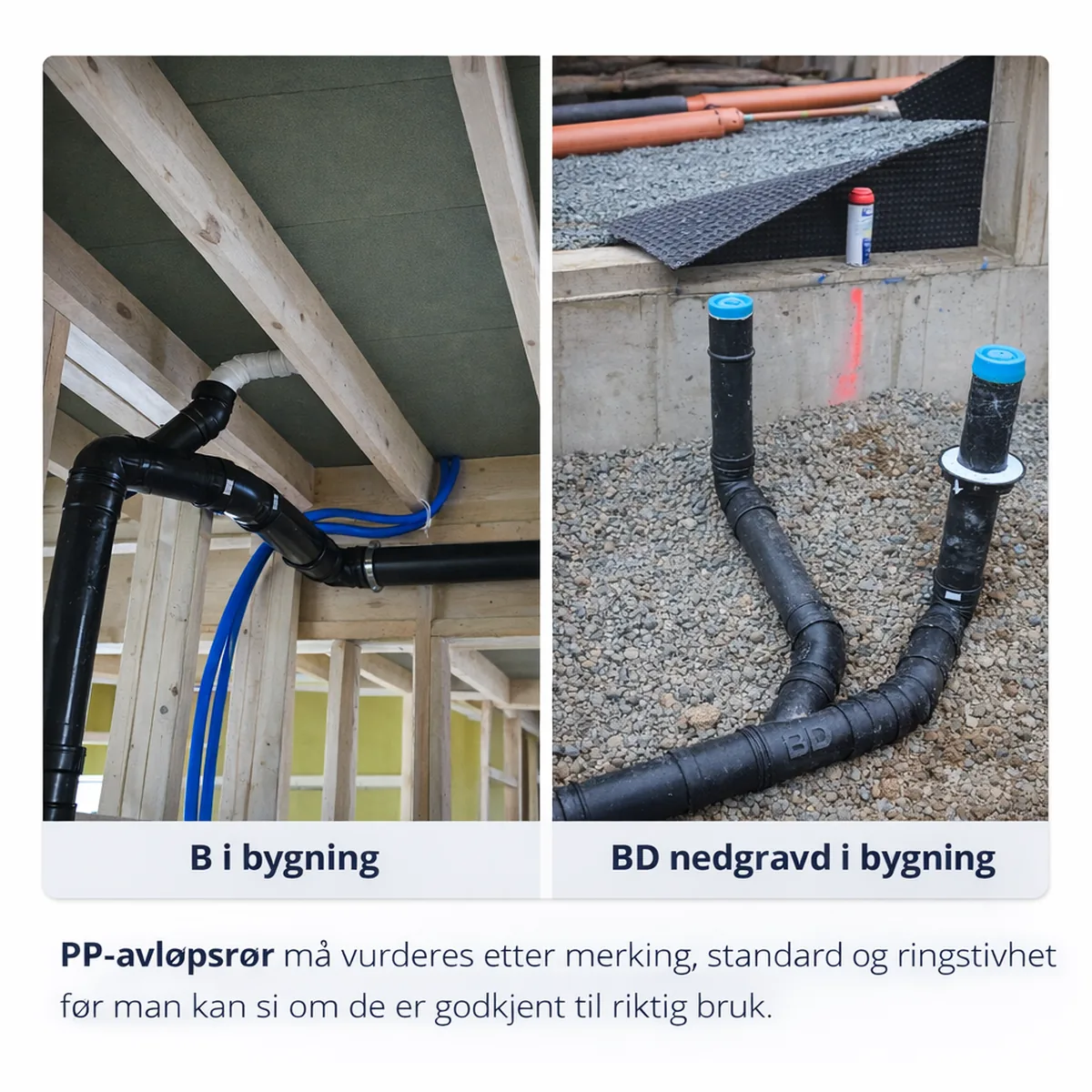 Sammenligning av PP-avløpsrør i bygning og BD-rør nedgravd i bygning, med fokus på merking, standard og ringstivhet.