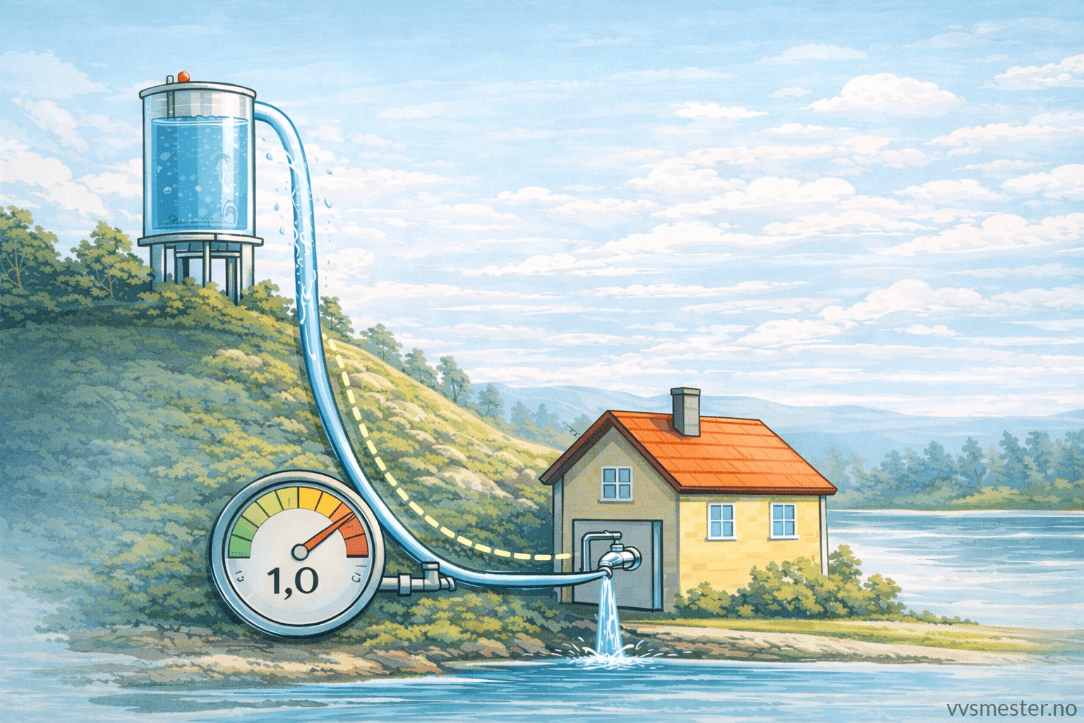 Vanntrykk i praksis: Høydeforskjell mellom vannkilde og hus skaper naturlig trykk i ledningen.