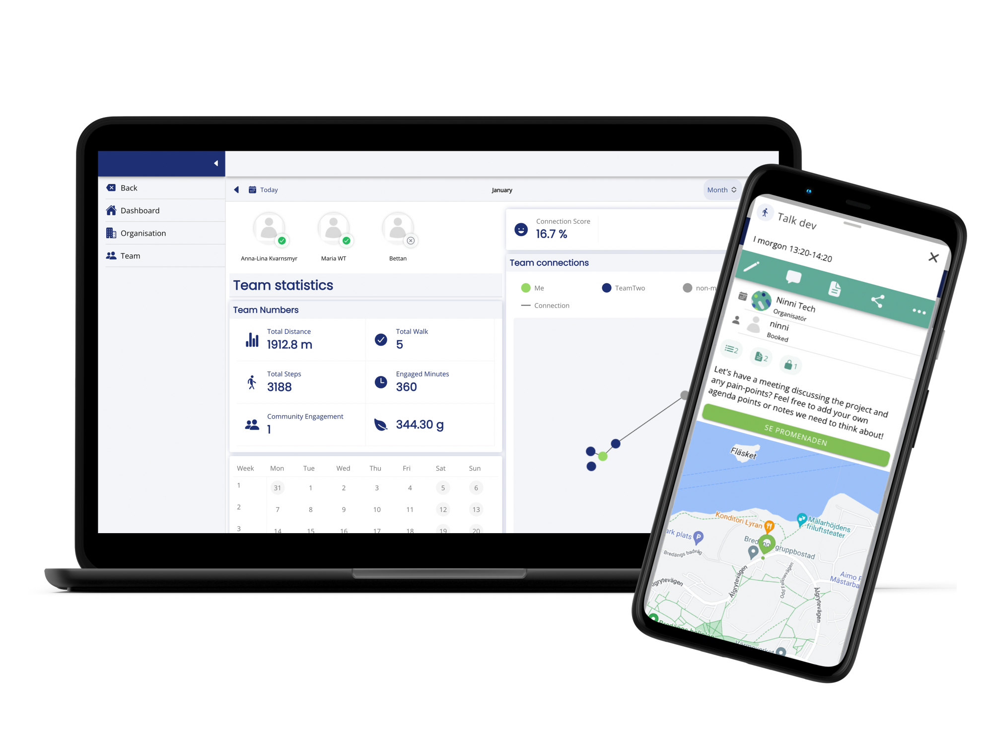 The picture show the Walking Talking platforms dashboard and walking and learning app.