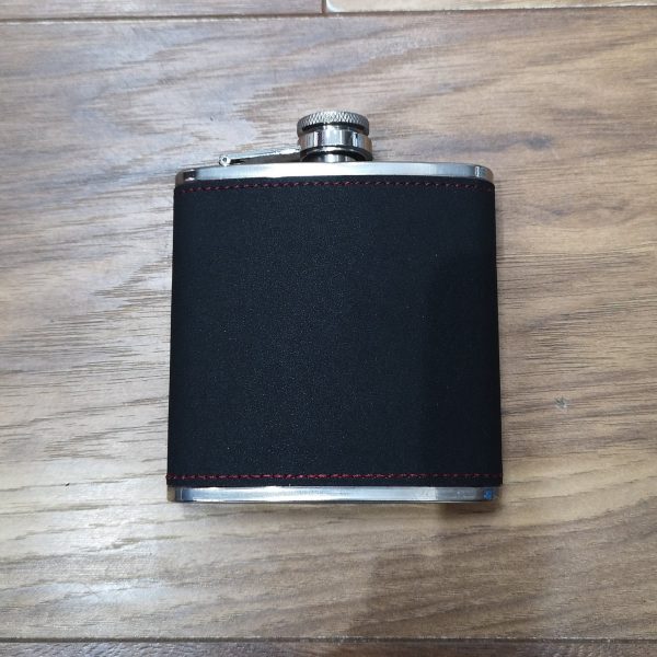Personalised Engraved Leather 6oz Hip Flask (Black with Red Stitch)