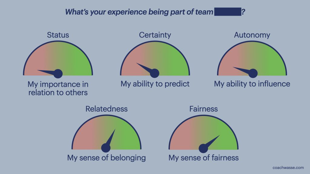 Title: What's your experience being part of team ___?
Status, my important in relation to others, rated very low.
Certainty, my ability to predict, rated low. 
Autonomy, my ability to influence, rated low.
Relatedness, my sense of belonging, rated above medium.
Fairness, my sense of fairness, rated high