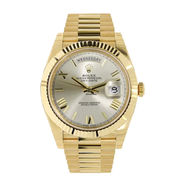 Replica-Rolex Day-Date-Yellow-Gold-Silver-Diagonal-Dial