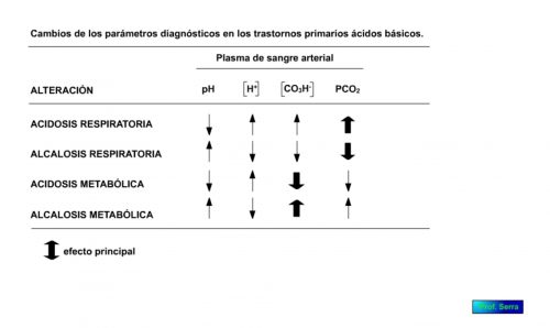 Cambios de los parámetros diagnósticos en los trastornos primarios ácido básicos.