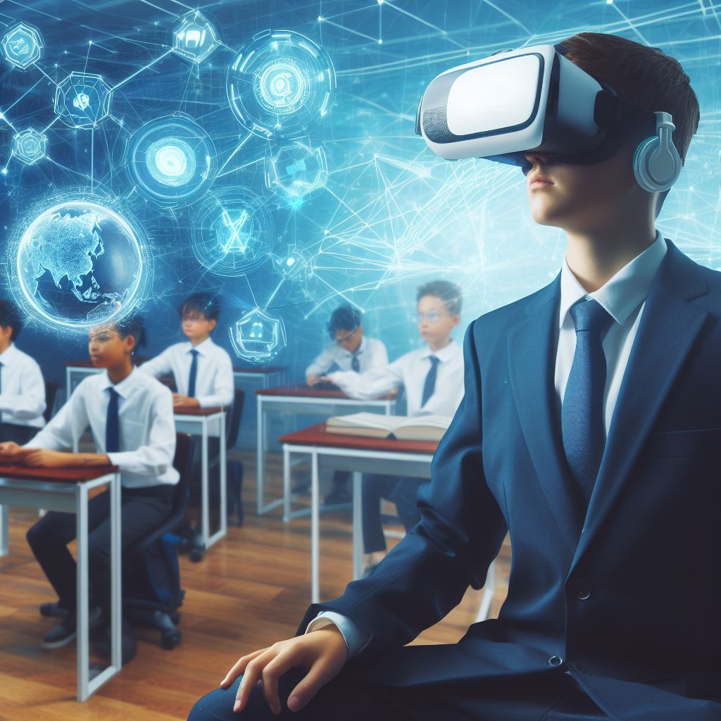 A picture of a futuristic classroom or a student using VR, AR, and blockchain.