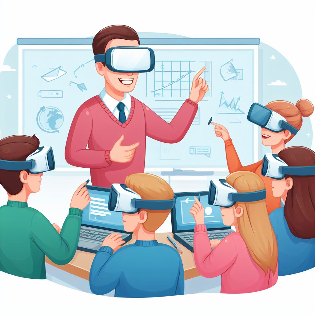 A picture of a teacher facilitating a VR or AR session.