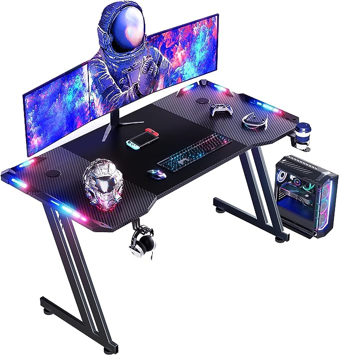 RGB Gaming Desktop, with Remote Control, LED Lighting, Can Be Loaded Work Table, Gaming Table, Computer Desk for Gaming PC, with Cup Holder and Headphone Hooks