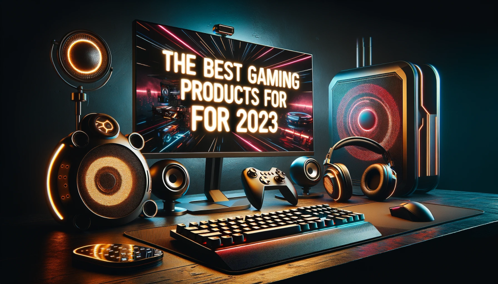 A photo showcasing a modern gaming setup with the best products for 2023. An illustration of a diverse group of gamers testing out the top gaming products in a futuristic setting.