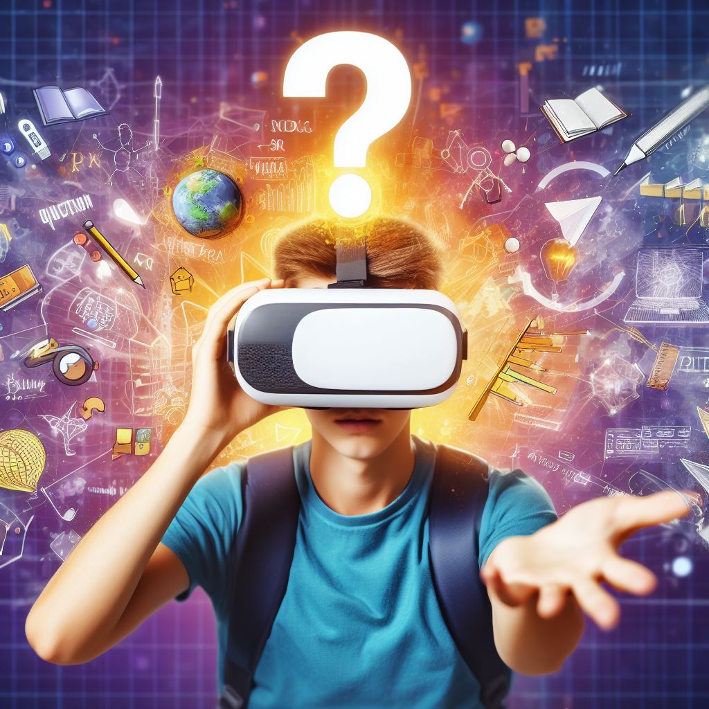 A picture of a student using VR or AR with a question mark or a warning sign.