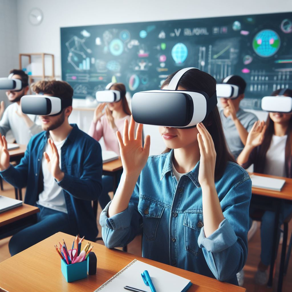 A picture of students wearing VR headsets or an AR-enhanced classroom.