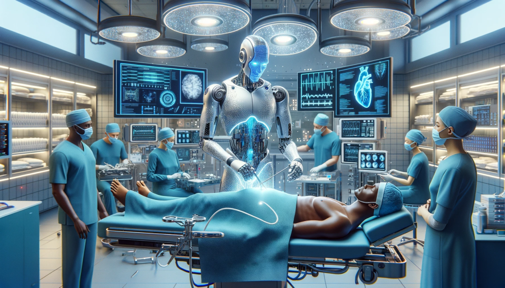 The images show a futuristic AI robot performing surgery on a patient in a high-tech operating room, with medical professionals of various ethnicities assisting and monitoring data on advanced screens, all within an atmosphere of innovation and ethical consideration.