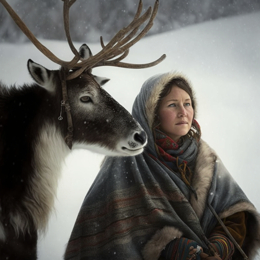 A sami women with a reindear