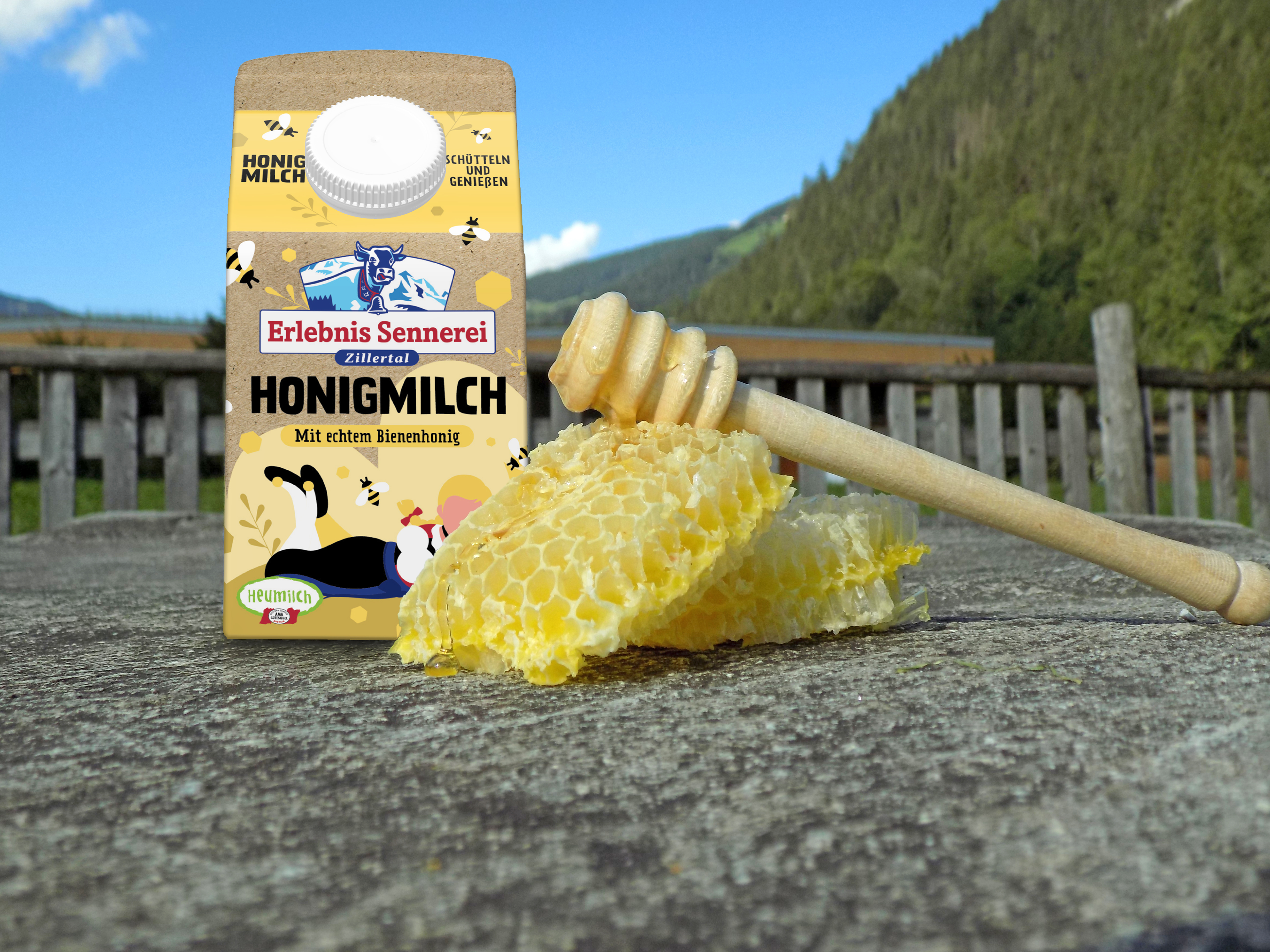 Wektweit erst Honigmilch aus Zillertaler Heumilch und echtem Bienenhonig im Regal, das neue Produkt von der Erlebnissennerei Zillertal