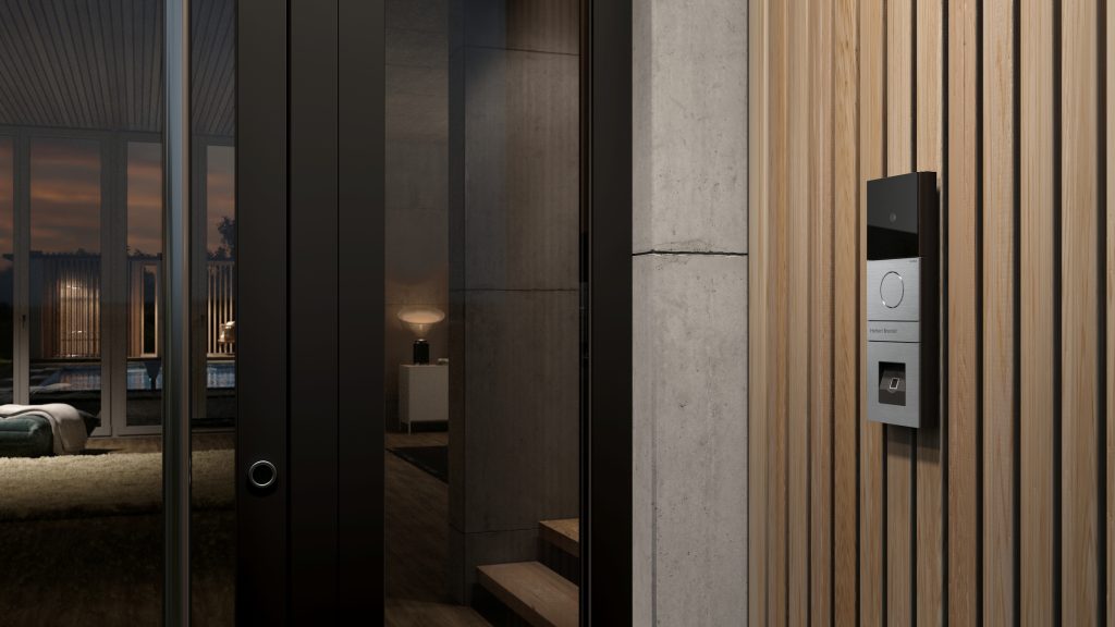 Türkommunikationssystem Gira System 106 mit Gira Keyless In Fingerprint erweitert 19 Gira Keyless in Fingerprint Modul auf Holz