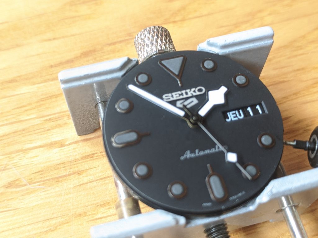 Seiko SRPD79 Movement Dial and Hands - All Held in a movement holder  - Snow Flake  Hands - Seiko Snow Flake Mod