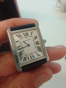 Watch Crystal Repair - Cartier Tank fitted with new square sapphire crystal - Wellingtime watch crystal repairs 