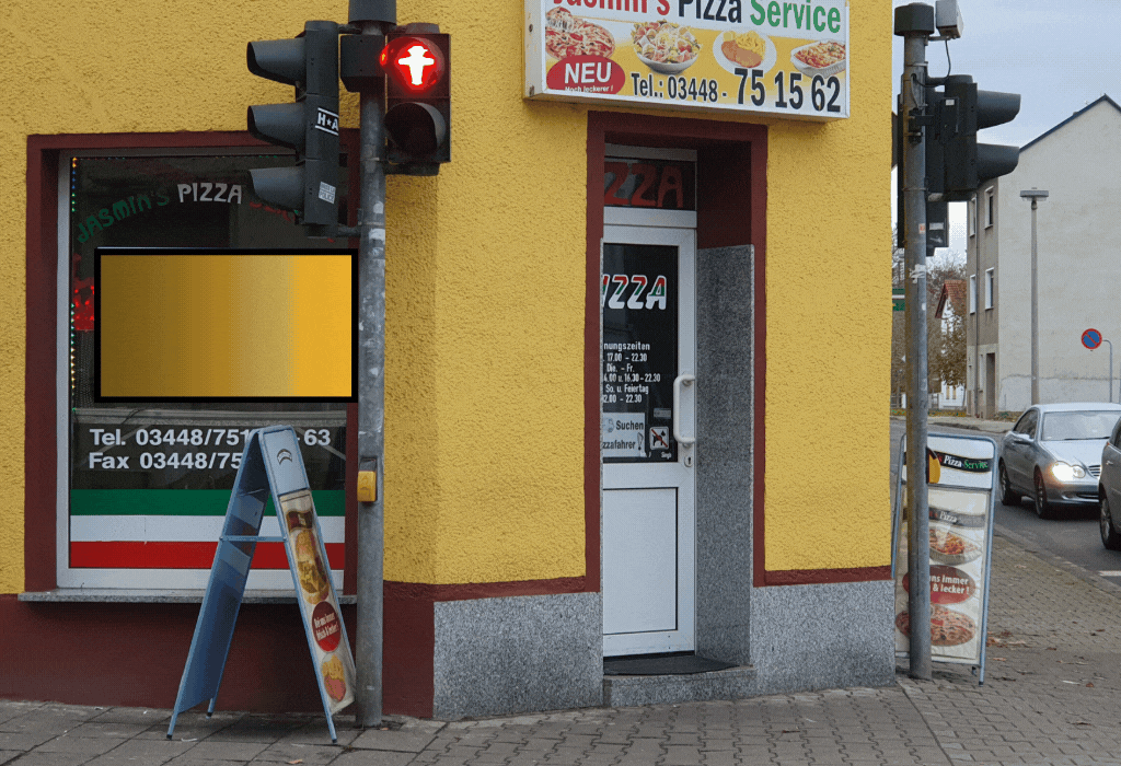digitales Werbedisplay für Außenwerbung, Jasmins Pizza, Meuselwitz Georgenstraße