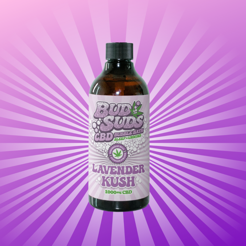 bottle of lavender kush cbd bubblebath witth purple backgrounf