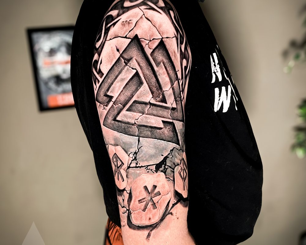 Walknut bindrunes nordic cover-up arm piece tattoo