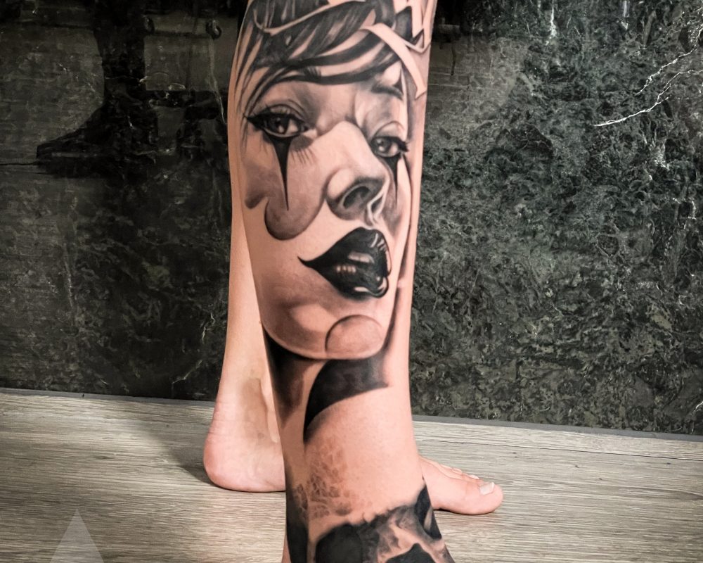Chicano girl skull graffiti themed tattoo leg piece