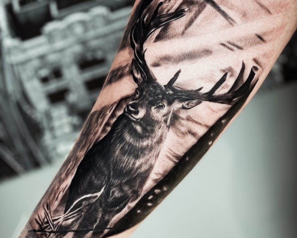 Realistic deer nature hunting tattoo arm piece design