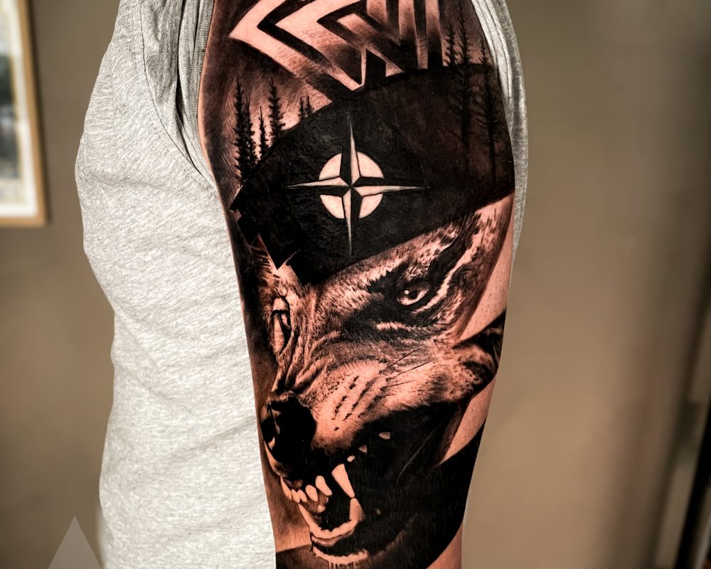 Fenrir Walknut Nordic wolf tattoo cover-up arm piece