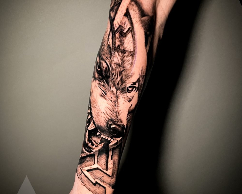 Fenrir Walknut realistic tattoo arm piece design