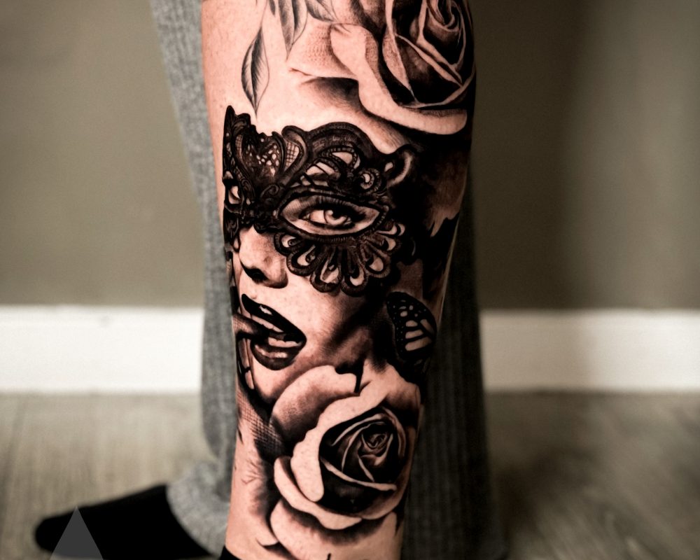 Masquerade roses feminine tattoo leg piece