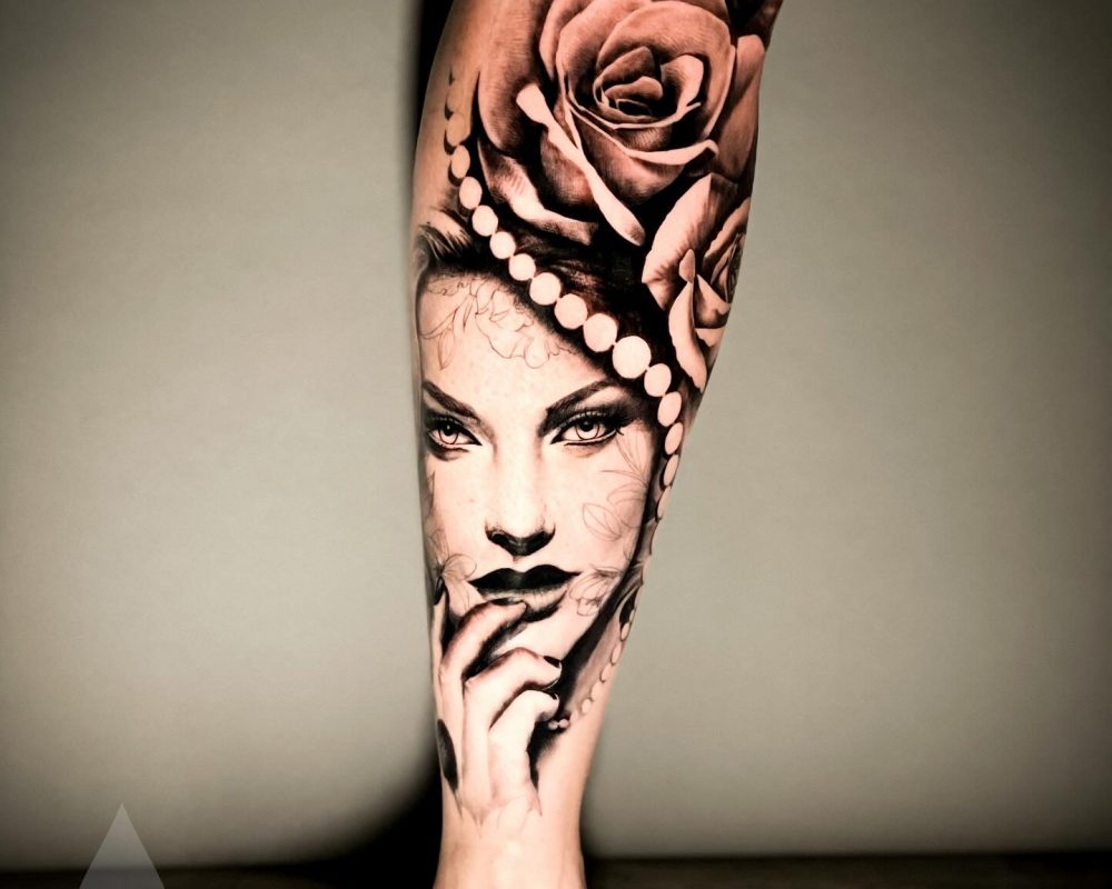 Feminine tattoo design portrait rose and pearls graphical realism