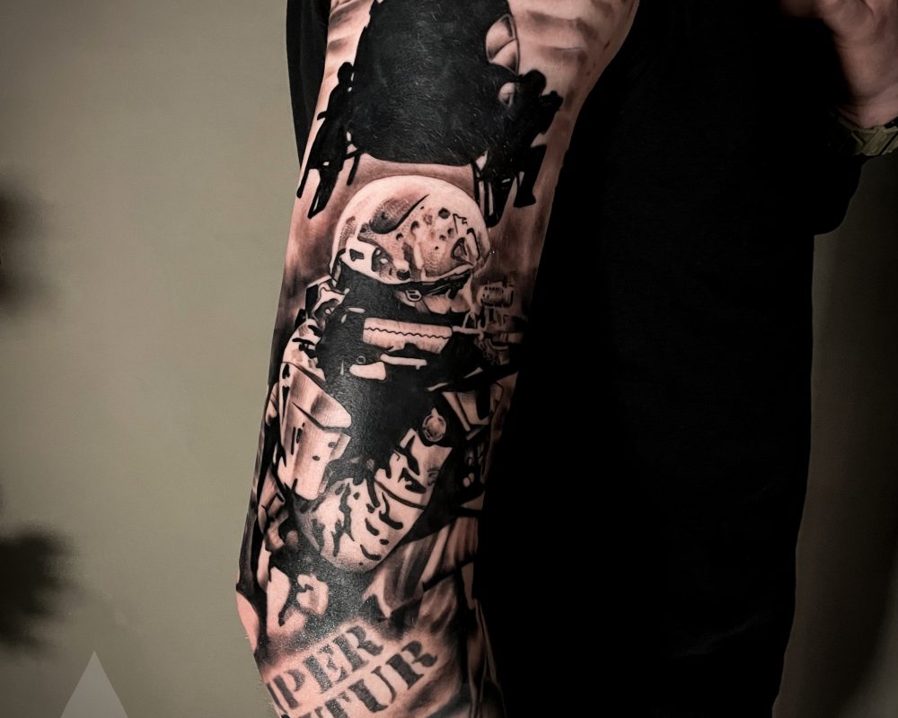 Soldier army war graphical realism sleeve blackwork