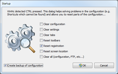 Hold CTRL key while starting WinNc to reset registration