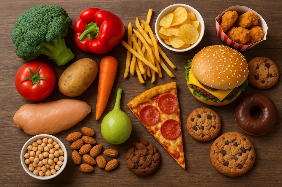 Variety of healthy and unhealthy foods