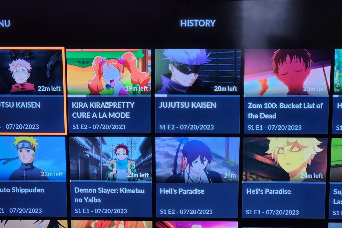 anime thumbnails showing on Crunchyroll app's history page