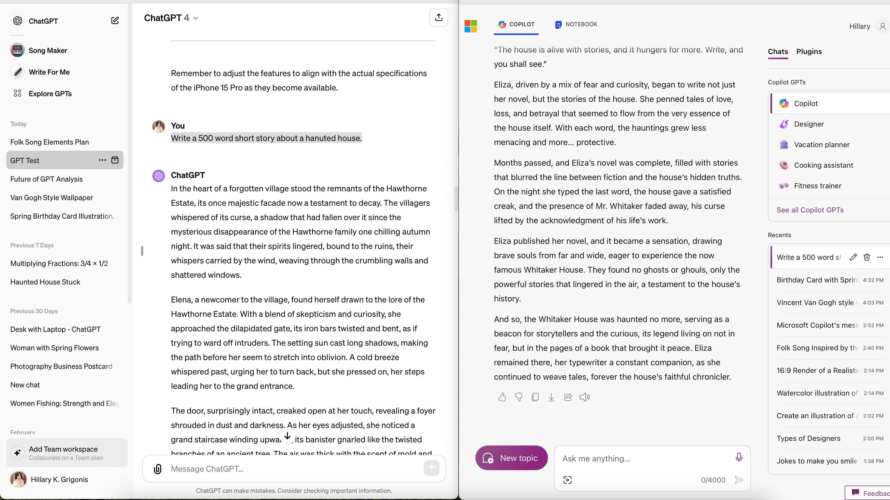 A screenshot of ChatGPT and Copilot
