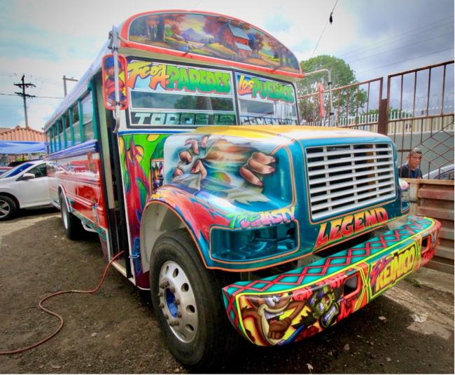 A complete look at one of the buses Melgar has painted. Every single part of the diablo rojo is covered in bright and vivid, hand painted artwork. 