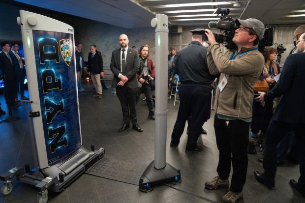 A weapons detection system is picture before a press conference announcing weapons detectors for the NYC subway system in the Fulton Transit Center Thursday, March 28, 2024 in Manhattan, New York. (Barry Williams for New York Daily News)