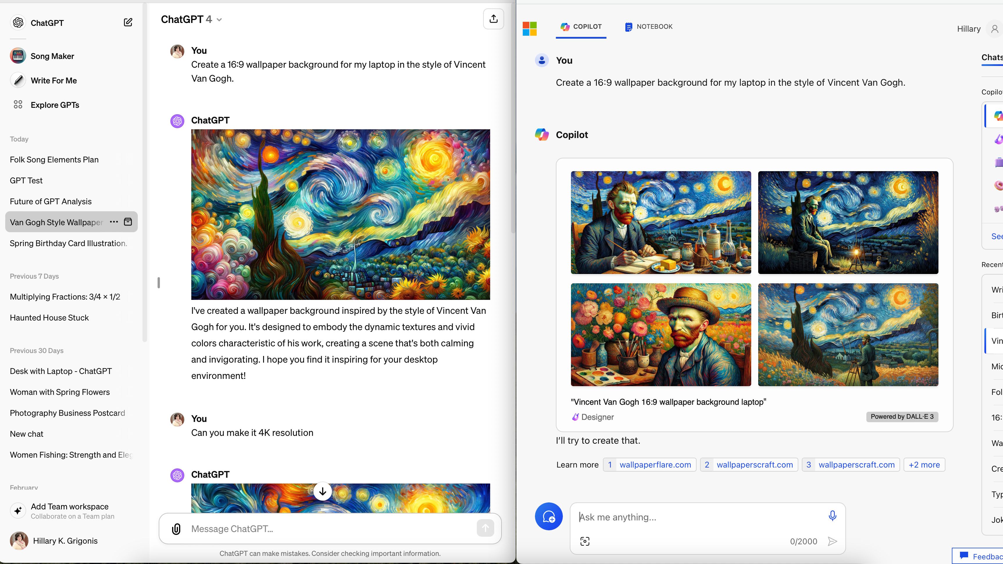 A screenshot of ChatGPT and Copilot