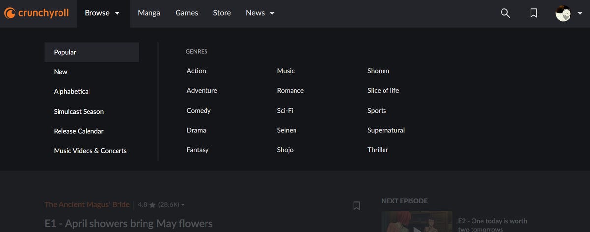 black screen showing Crunchyroll's browse menu options