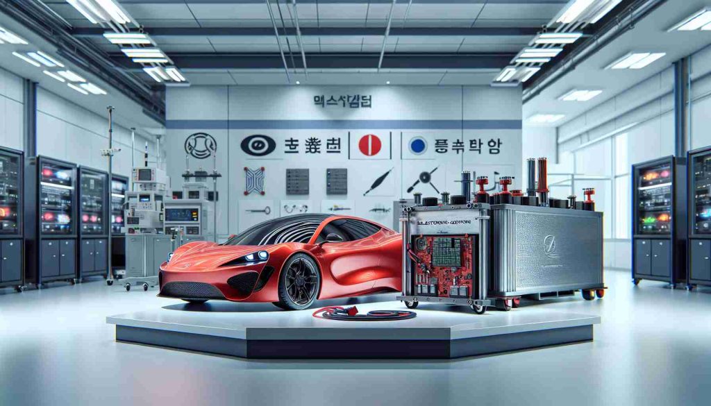 Generate a hyper-realistic, high-definition photo showcasing a scenario where a well-known South Korean electronic company and a renowned Italian sports car brand collaborate to advance electric vehicle battery technology. The setting could be a modern laboratory with high-end equipment and precision tools, signifying the pursuit of cutting-edge innovation. Next to a sleek, red sports car, there could be a sophisticated battery system to denote the central theme of the collaboration.