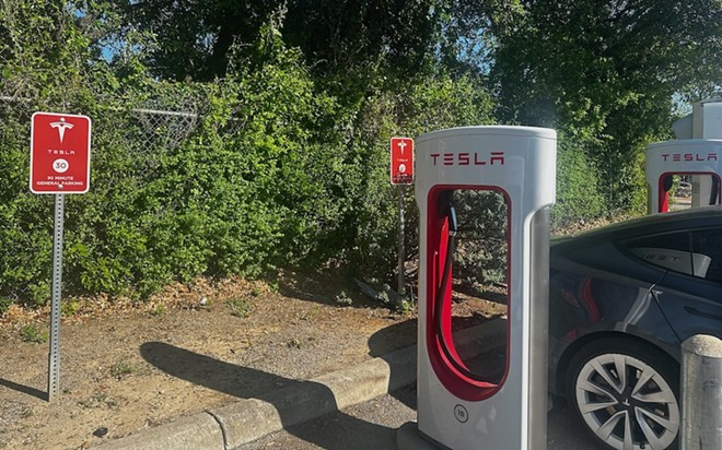A Tesla charging station in the Huebner Oaks area awaits a vehicle. - Michael Karlis