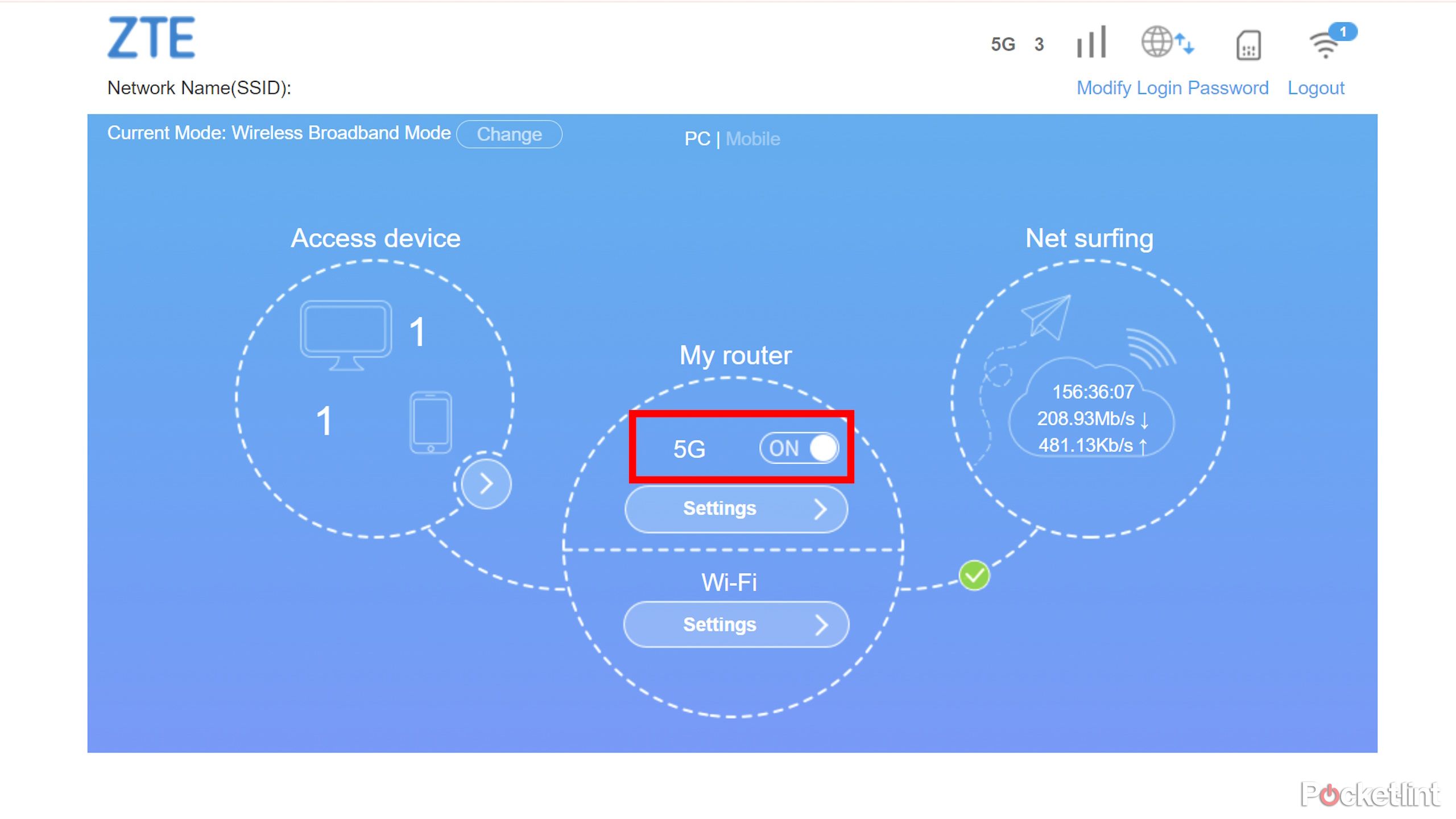 ZTE Hub router page showing the Turn Off 5G button