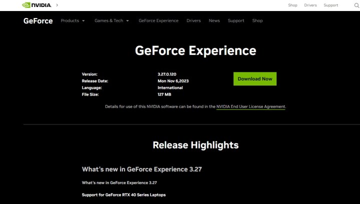 Screenshot of Nvidia's GeForce Experience website.