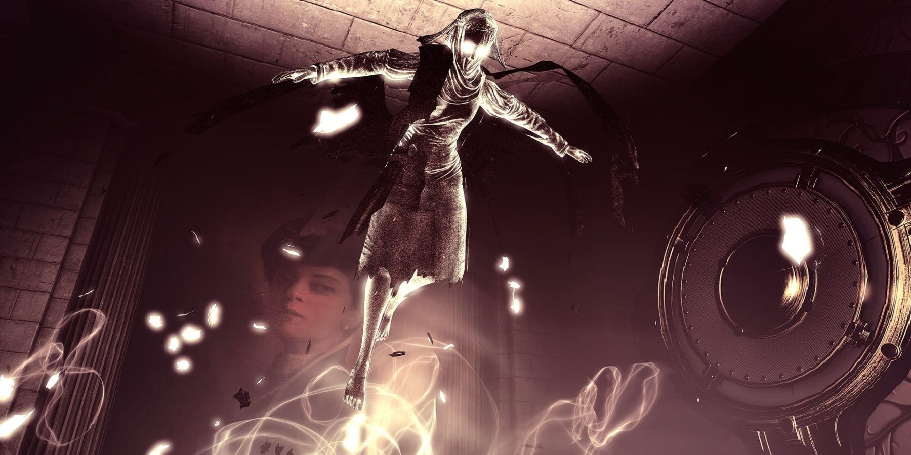 Lady Comstock as a ghost floating above the player in Bioshock Infinite