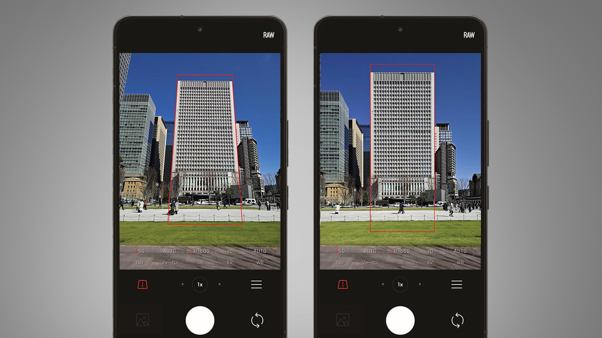 Two Leica Leitz Phone 3s on a grey background showing architecture photography