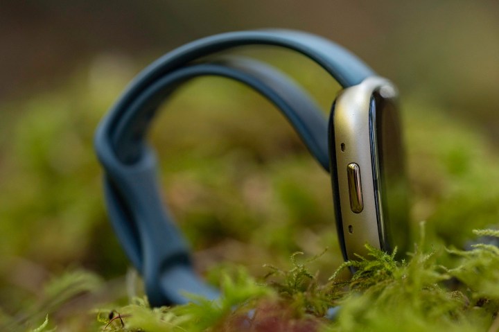 The Fitbit Sense 2 in profile in a bed of moss.