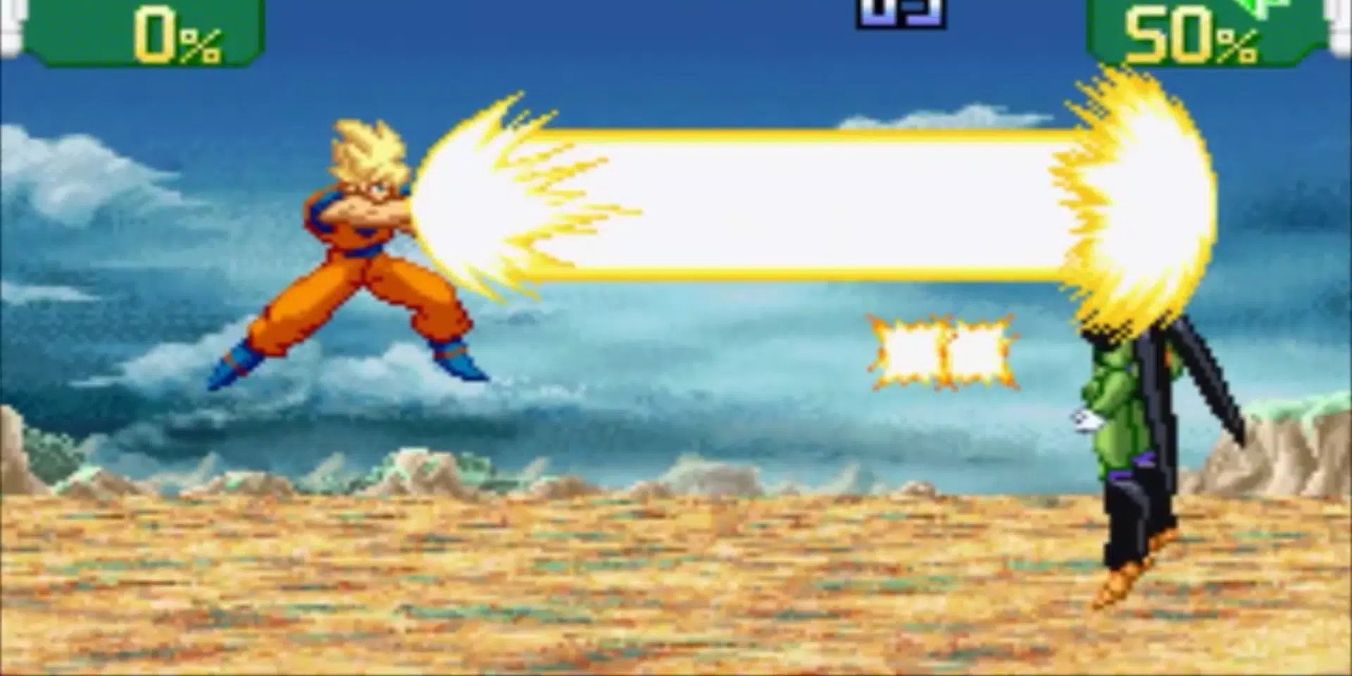 Goku fires a blast at Cell in Dragon Ball Z: Supersonic Warriors for the Game Boy Advance.