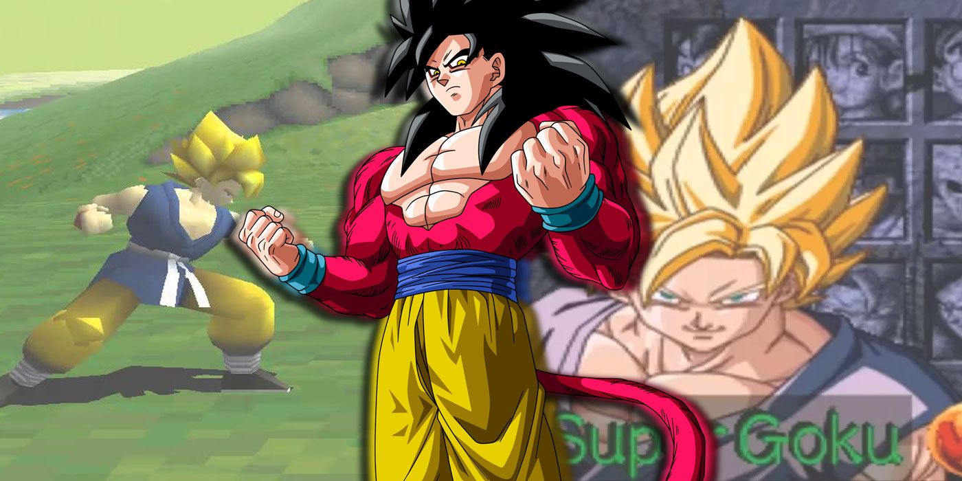 An image of Super Saiyan 4 Goku stands in front of gameplay screenshots from Dragon Ball GT: Final Bout. 