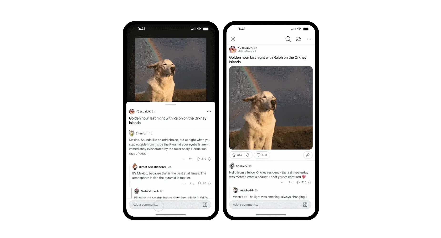 Reddit showing new gesture controls to navigate across post types.