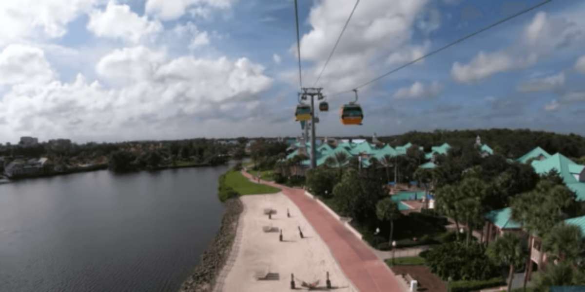 Skyliner heading over Caribbean Beach Resort at Disney World