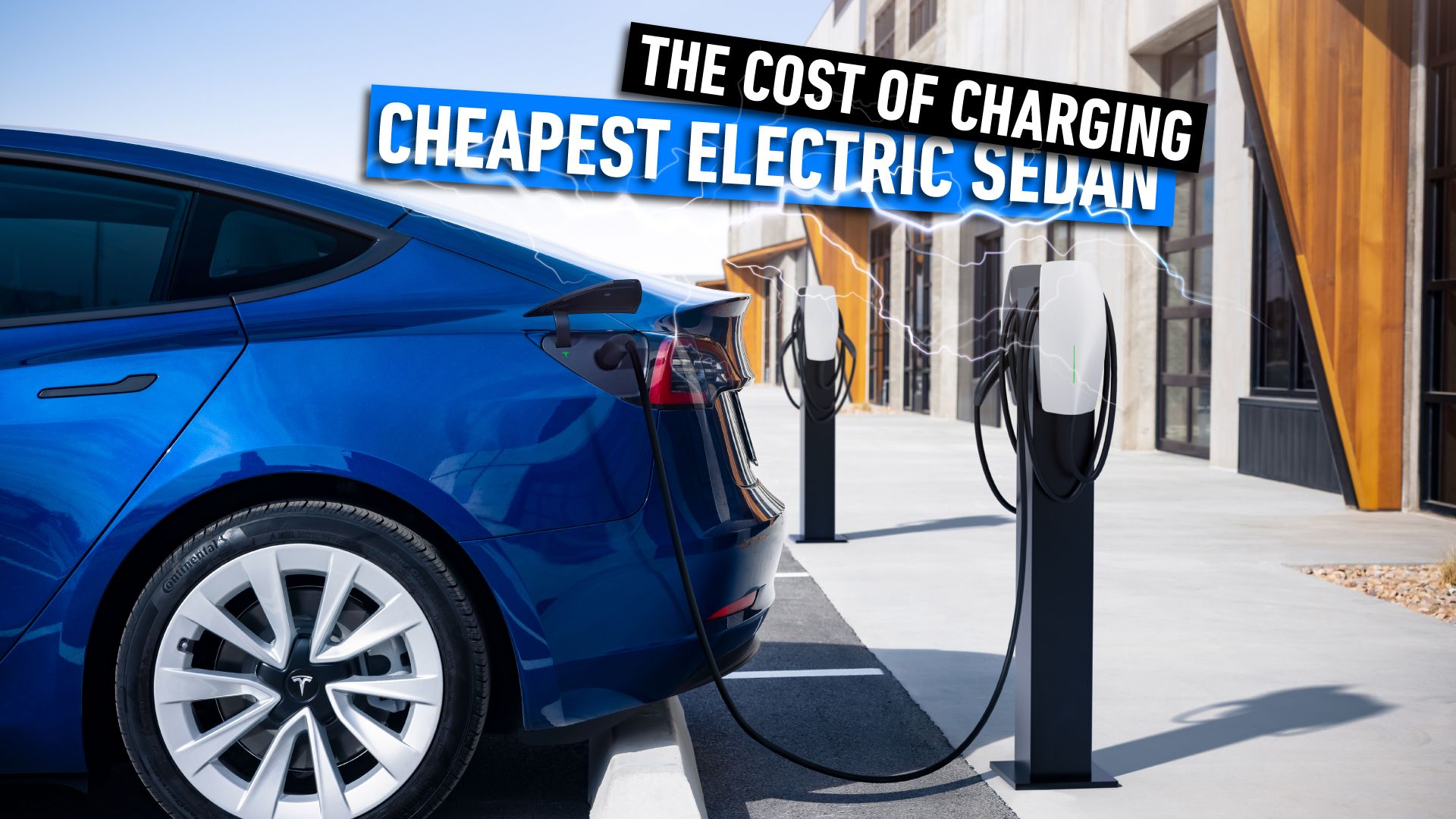 Blue Tesla Model 3 charging.